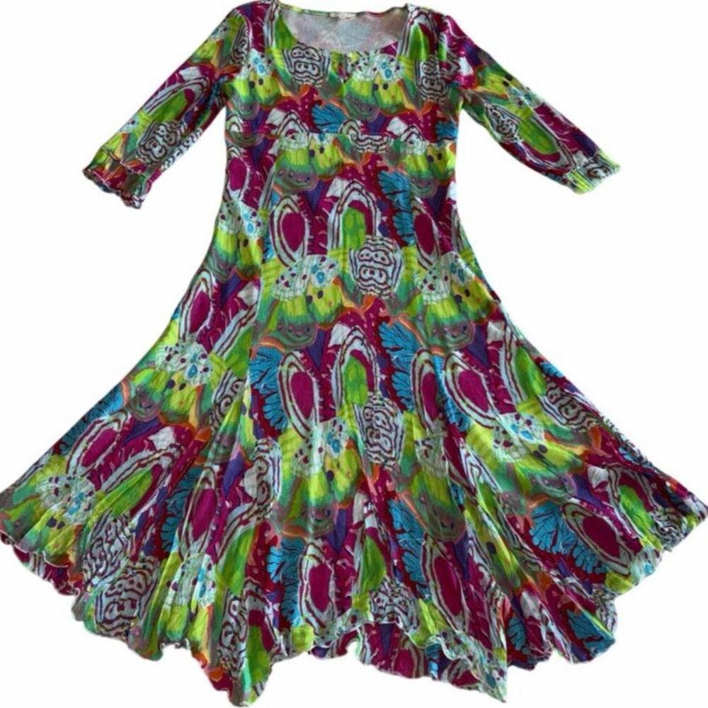UbU MIDI Dress Size Small Rainbow Psychedelia Pattern 3/4 Sleeve Square Neck